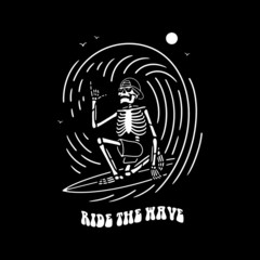 SKELETON SURFER RIDE THE WAVE WHITE BLACK BACKGROUND