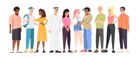 Multinational students group flat vector illustration. Multiracial community members cartoon characters. International cooperation. Racial tolerance and cultural diversity in globalized world