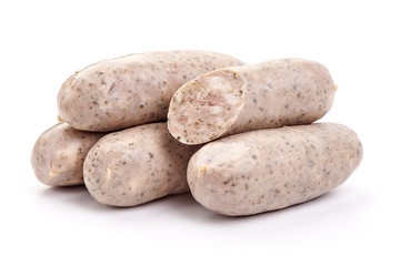 Munich Veal Sausages, close-up, isolated on white background