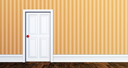 3d illustration. White door in the room with a wooden floor and striped wallpaper.