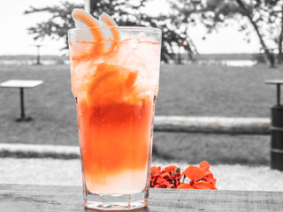 Glass of red coctail with ice, lemon, orange