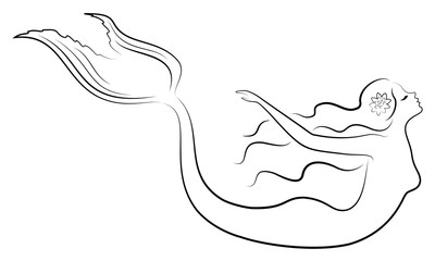 Silhouette of a mermaid. Beautiful girl is floating in the water. The lady is young and slender. Fantastic image of a fairy tale. Vector illustration