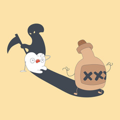 The harm of alcohol to dental health. Alkorol attacks frightened tooth. Illustration about oral hygiene
