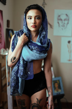 girl wear blue scarf