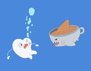 Harm coffee for dental health. Coffee in the form of a shark attacks a frightened tooth
