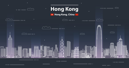 Hong Kong cityscape line art style vector detailed illustration. Travel background  - obrazy, fototapety, plakaty