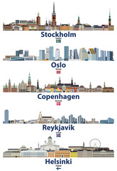 Naklejka premium ilustracji wektorowych z panoramami miast Sztokholmu, Oslo, Kopenhagi, Reykjaviku i Helsinek z flagami Szwecji, Norwegii, Danii, Islandii i Finlandii