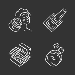 Makeup products chalk icons set. Feminine hygiene, skincare accessories. Beauty salon attributes isolated vector chalkboard illustrations. Face cream, nail polish, cosmetic kit, perfume bottle