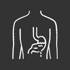 Ill stomach chalk icon. Gastritis. Sore human organ. People disease. Unhealthy digestive system. Sick internal body part. Gastrointestinal tract. Isolated vector chalkboard illustration