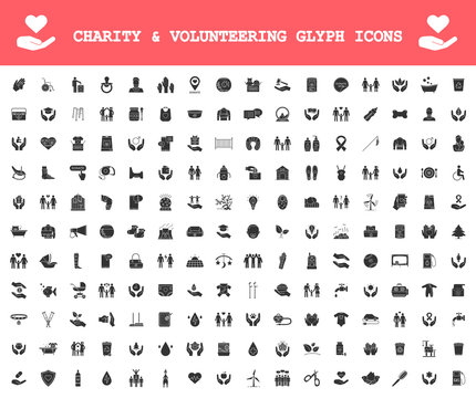 Charity and volunteering glyph icons big set. Fundraising, philanthropy, humanitarian help. Social responsibility, charitable organization. Silhouette symbols. Vector isolated illustration