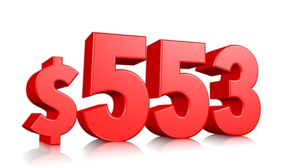 553$ Five hundred and fifty three price symbol. red text number 3d render with dollar sign on white background