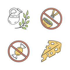 No sugar organic products color icons set. Dietary food healthy eating. Glucose free and low carbs ketogenic diet. Natural fresh drink jar, Swiss cheese isolated vector illustrations
