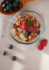 dry breakfast of granola and wild berries. Delivered in a glass plate