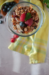 dry breakfast of granola and wild berries. Delivered in a glass plate
