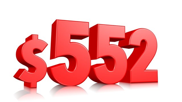 552$ Five hundred and fifty two price symbol. red text number 3d render with dollar sign on white background