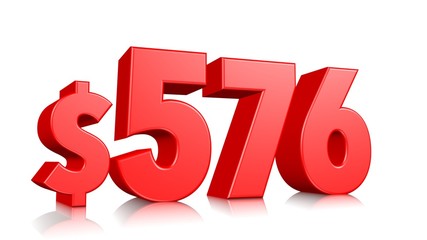 576$ Five hundred seventy six price symbol. red text number 3d render with dollar sign on white background