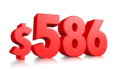 586$ Five hundred and eighty six price symbol. red text number 3d render with dollar sign on white background