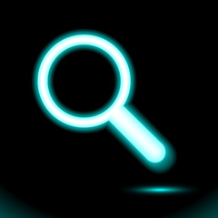 Blue Neon Magnifying glass or search icon, Lamp, sign button light, symbol for design on black background. Fluorescent object. Glow dark ad, vector luminescent illumination, illustration Ui