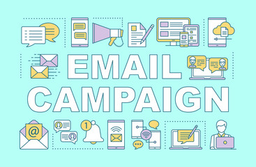 Email campaign word concepts banner. Brand promotion. Commercial messages. Presentation, website. Isolated lettering typography idea with linear icons. Vector outline illustration