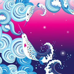 Vector beautiful background with sea waves and narwhals on lilac background. © tanor27
