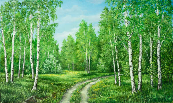 Summer rural landscape in Russia. Birchwood and country road. Original oil painting on canvas. Author s painting.