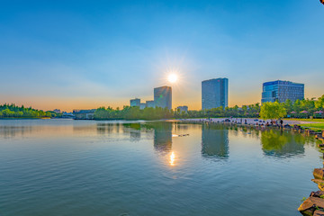 Naklejka premium Lakeside View of Daning Tulip Park, Shanghai