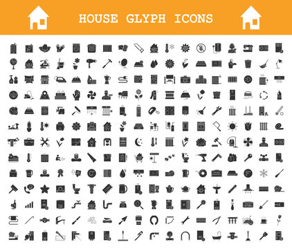 House glyph icons big set. Plumbing, construction tools. Cleaning service, housework. Real estate, property. Home appliances and furniture. Silhouette symbols. Vector isolated illustration