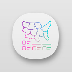 Cartogram app icon. Diagram. USA map with statistics. Data visualization. Geographical differences graphic report. UI/UX user interface. Web or mobile applications. Vector isolated illustrations