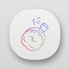 Luxurious perfume bottle app icon. UI/UX user interface. Web or mobile application. Feminine toilette attribute, perfumery symbol vector isolated illustration. Glass container with fragrant water