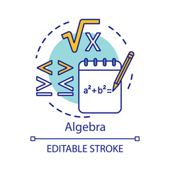 Algebra concept icon. Algebraic equations, more and less sign. Advanced calculations, learning advanced algebra idea thin line illustration. Vector isolated outline drawing. Editable stroke - obrazy, fototapety, plakaty
