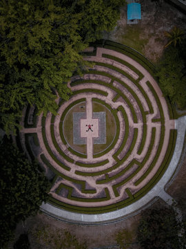 Aerial view of circular hedge maze