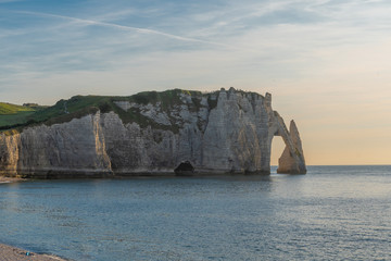 Etretat, France - 05 31 2019: Panoramic view of the cliffs of Etretat at sunset