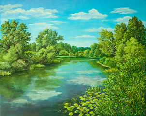 Summer rural landscape in Russia. Sunny day - calm blue summer river with reflection green grass and trees . Original oil painting on canvas. Author s painting.