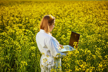 Agronomist woman or farmer examine blossoming rape (canola) field using notebook