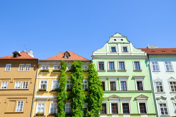 Beautiful traditional buildings with colorful facades in the historical center of Prague, Czech Republic. Czech capital city. Mala Strana, Lesser Town of Prague, Hradcany. Landmarks. Tourist place