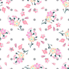 gentle little flowers and petals flying aside the botanical pattern of small colored wildflowers