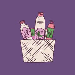 Set natural organic cosmetics products in bottles, jars, tubes for skin. Skin care. Handmade cosmetics. Hand-drawn spa and aromatherapy elements. Cartoon style. Vector illustration.