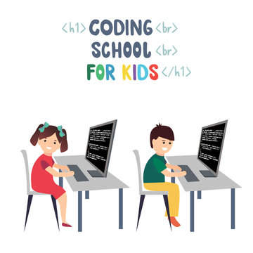 Children coding vector illustration