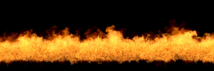 Line of fire at bottom - fire 3D illustration of misty burning explosion, sylized frame isolated on black background