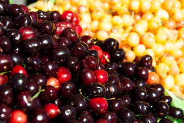 cherry on market shelf.