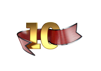 10 Jahre Jubiläum, Zahlen in Gold mit Band, 3D-Rendering
