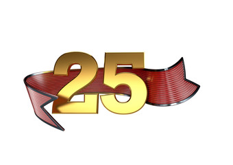 25 Jahre Jubiläum, Zahlen in Gold mit Band, 3D-Rendering
