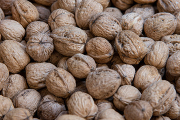 walnuts on market shelf.