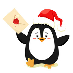 A cute and cheerful penguin runs with a letter in the paw for Santa Claus. Vector isolate on white background.
