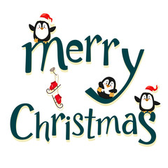 Lettering Merry Christmas with funny and cute penguins on the text. Vector isolate on white background.