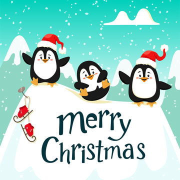 Cute funny penguins in red hats on the ice. Handwriting text, lettering. Christmas. Vector illustration