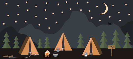 The group of tourists is sleeping in their tents in a forest against the night mountains. The humorous scene of the theme of travels.