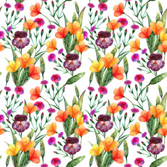 Watercolor wildflowers. Seamless pattern of a variety of meadow flowers