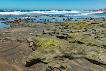 Beautiful natural southern coastline with wildlife, rocks and beaches near El Medano. Sunny day, blue sky and white fluffy clouds above the horizon. Travel photo, postcard. Tenerife, Canary Islands