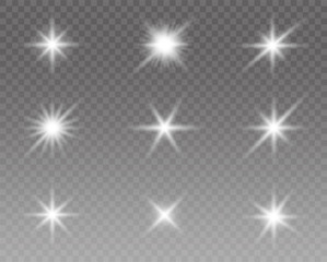 Glowing lights effect, flare, sun and stars set. Vector illustration
